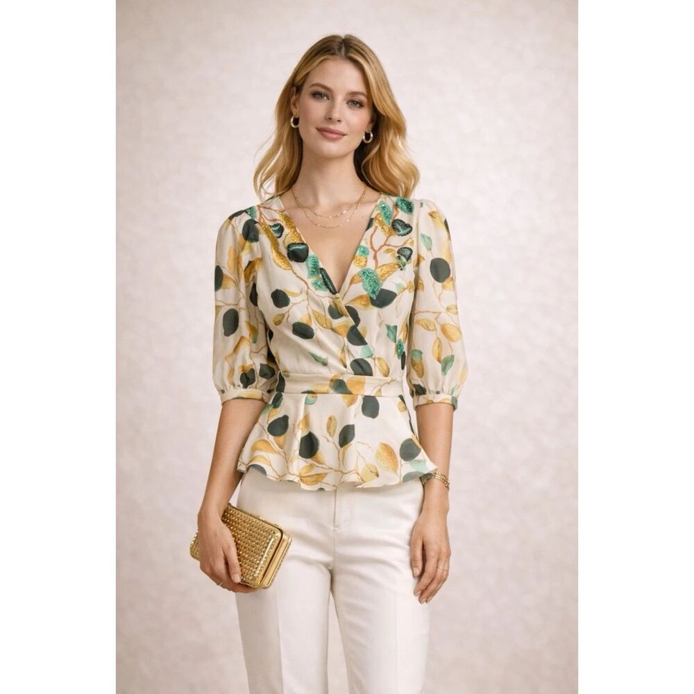 PatBO Fruit Print Wrap Blouse Size L V Neck Peplum Top